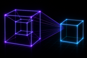 A four-dimensional wireframe object projecting into a three-dimensional cube