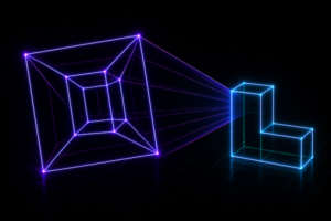 The same four-dimensional object projected along a different axis, resolving into a different three-dimensional shape